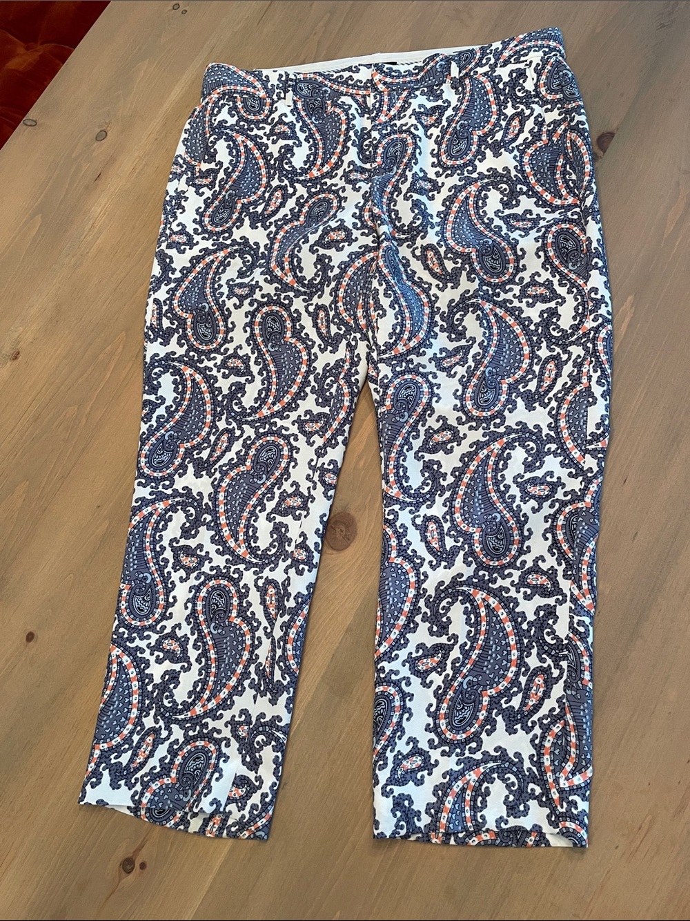 Banana Republic White Cropped Pants with Blue and pink Paisley Trim